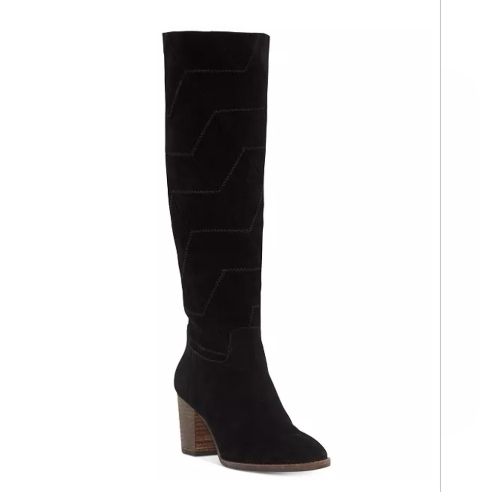 Stylish Lucky Brand Black Suede Stitch Patterned Boots - Picture 7 of 8